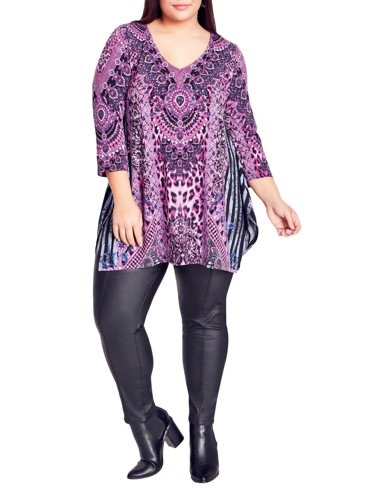 Front of a model wearing a size 14/16 Bettina Bling Tunic in Purple by Arna York. | dia_product_style_image_id:234293